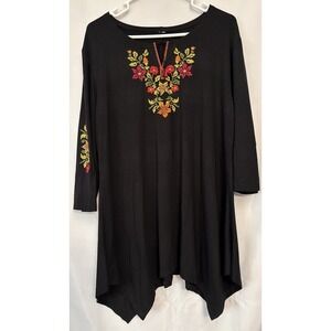 Black Embroidered 3/4Sleeve Shark Bite Hem Blouse/Mini Dress Tassels Women's M/L